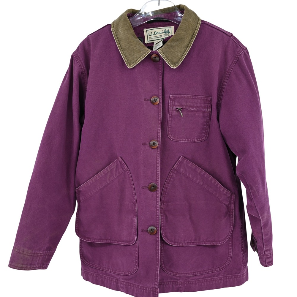 LL Bean Womens S Purple Cotton Canvas Field Barn Jacket Primaloft Plaid Corduroy